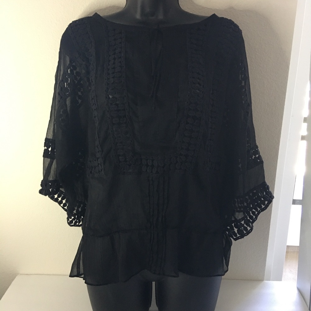 Daniel Rainn Sheer Black Crochet Lace Trim Peasant Blouse Size S